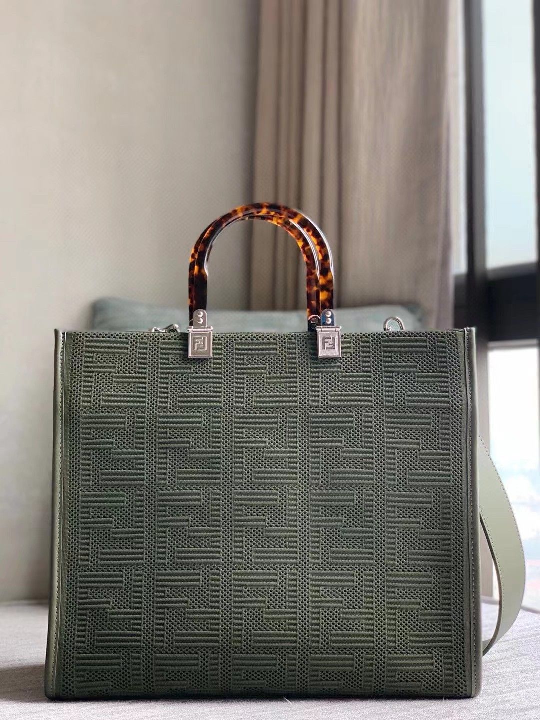 Fendi Sunshine Medium Tote Bag In Green FF Fabric