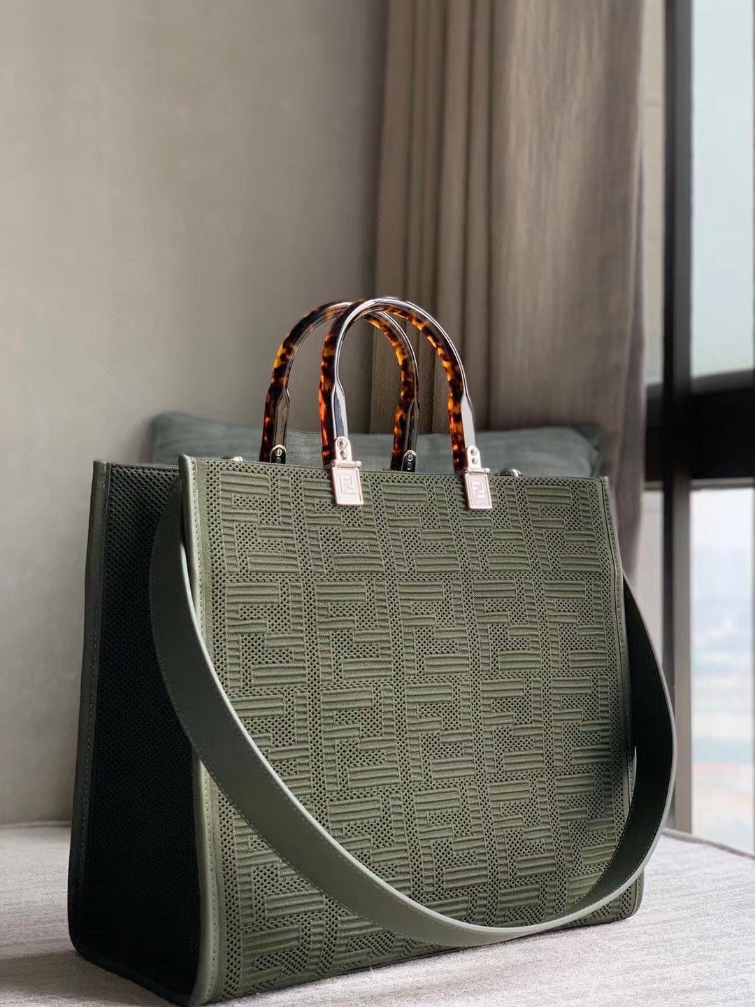 Fendi Sunshine Medium Tote Bag In Green FF Fabric