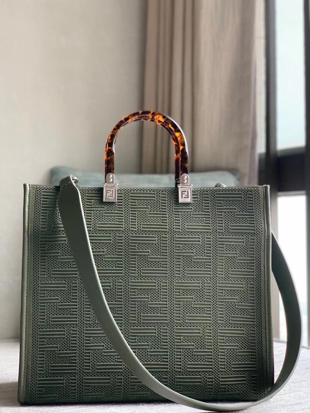 Fendi Sunshine Medium Tote Bag In Green FF Fabric