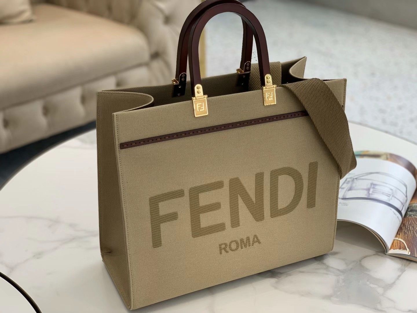 Fendi Sunshine Medium Tote Bag In Beige Canvas