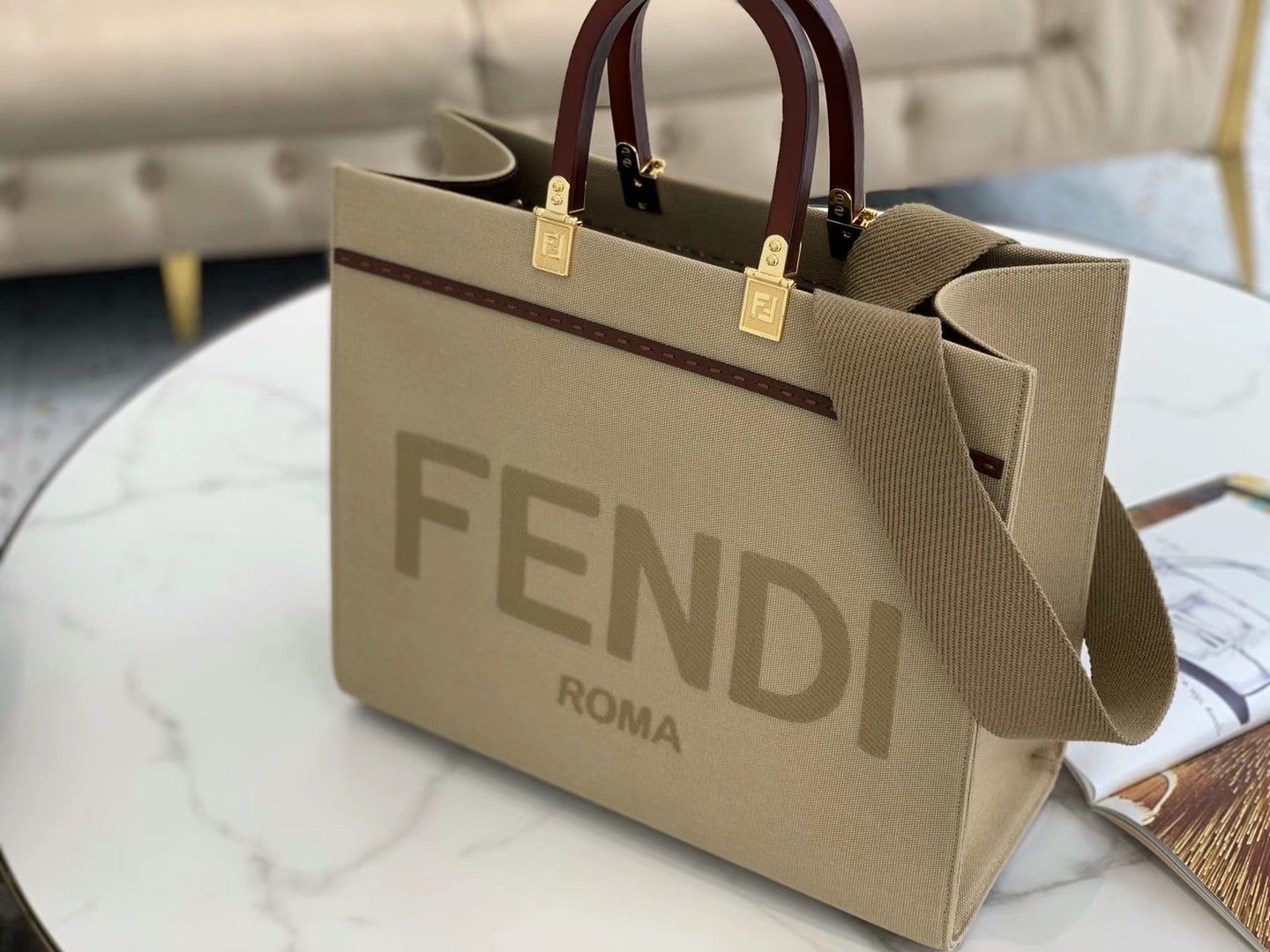 Fendi Sunshine Medium Tote Bag In Beige Canvas