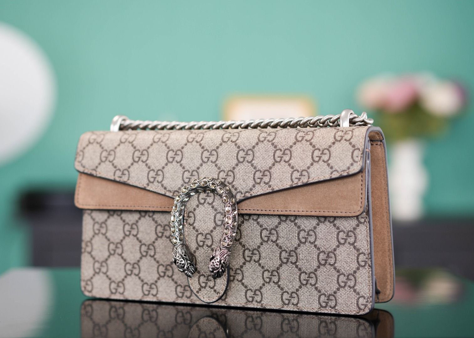 Gucci Dionysus Small Rectangular Bag Gg Supreme And Taupe Suede