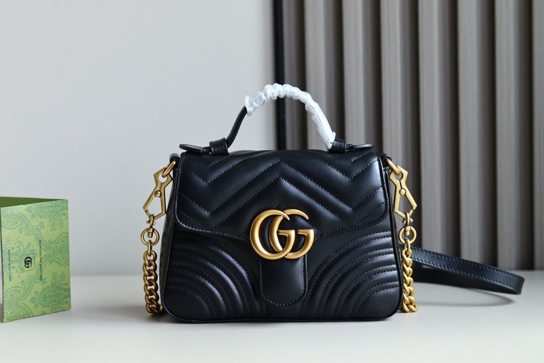 Gucci Gg Marmont Mini Top Handle Bag Black Chevron Leather