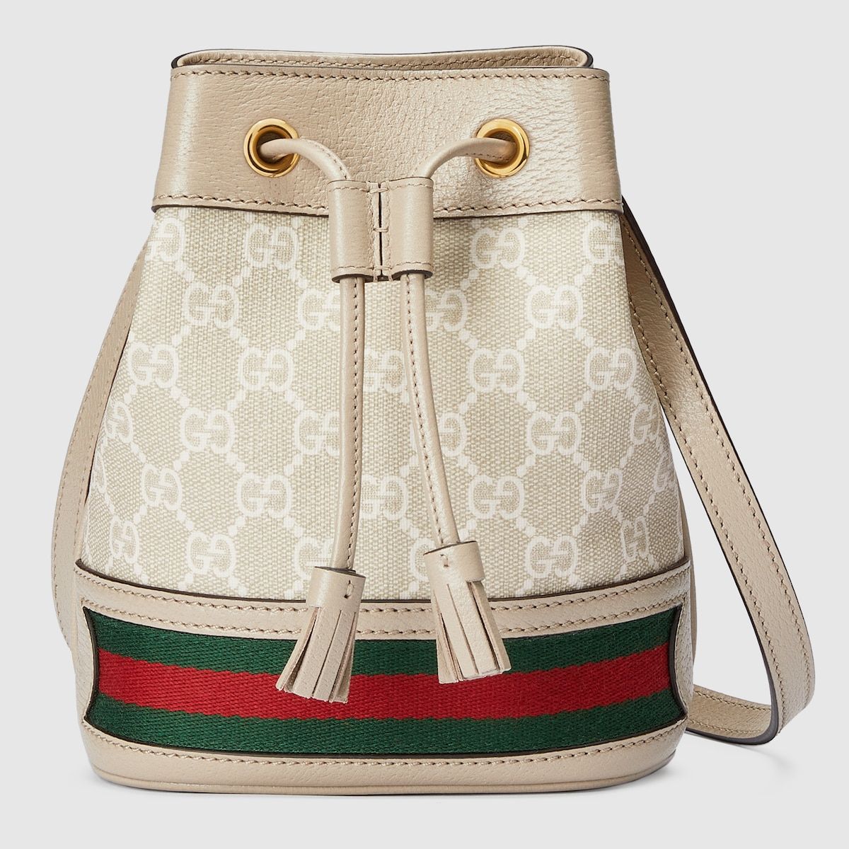 Gucci Ophidia Gg Mini Bucket Bag Beige And White Canvas