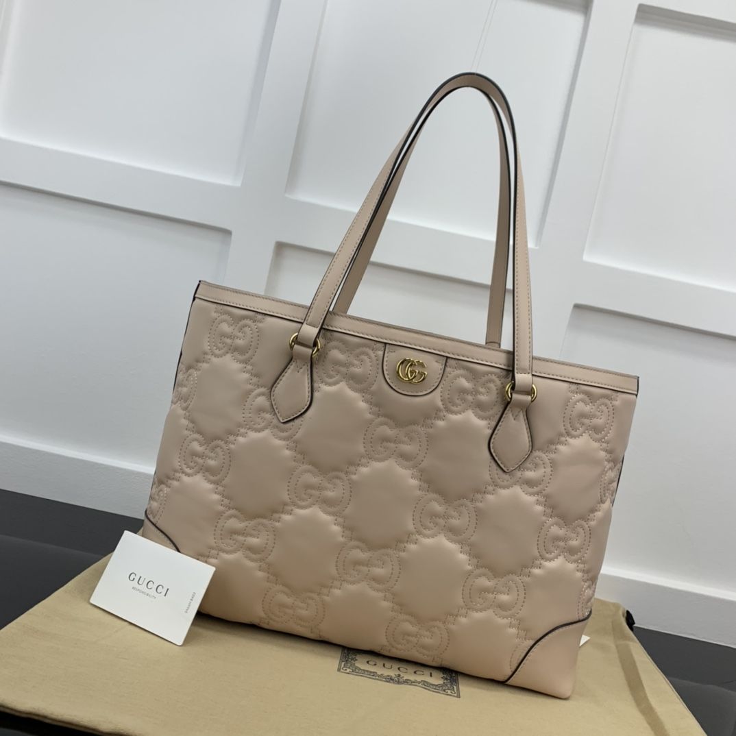 Gucci Gg Matelassé Medium Tote Rose Beige Leather