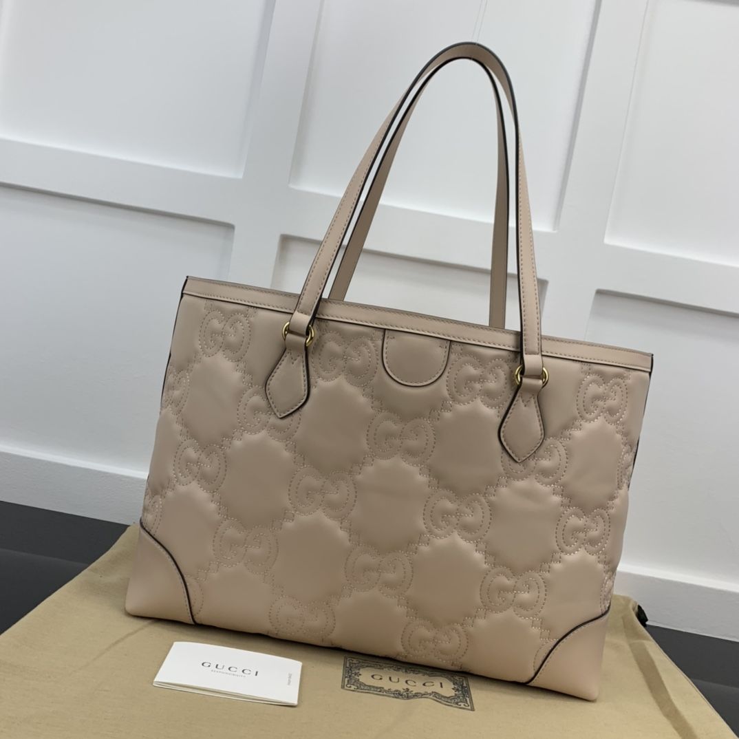 Gucci Gg Matelassé Medium Tote Rose Beige Leather