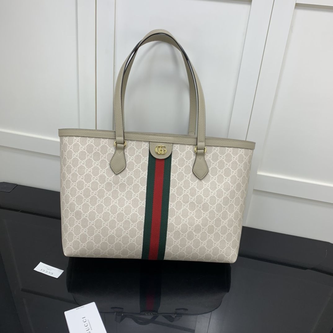 Gucci Ophidia Gg Medium Tote Beige And White Canvas