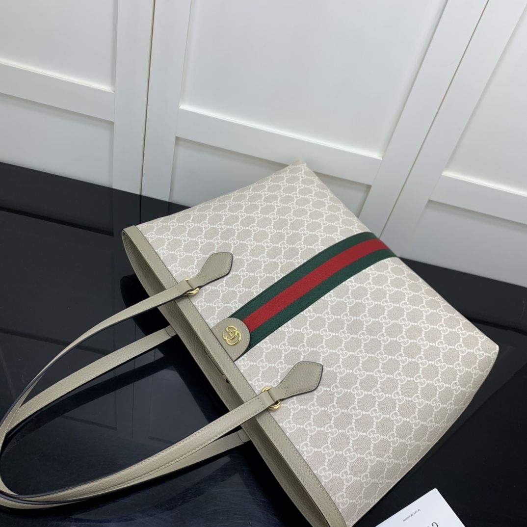 Gucci Ophidia Gg Medium Tote Beige And White Canvas