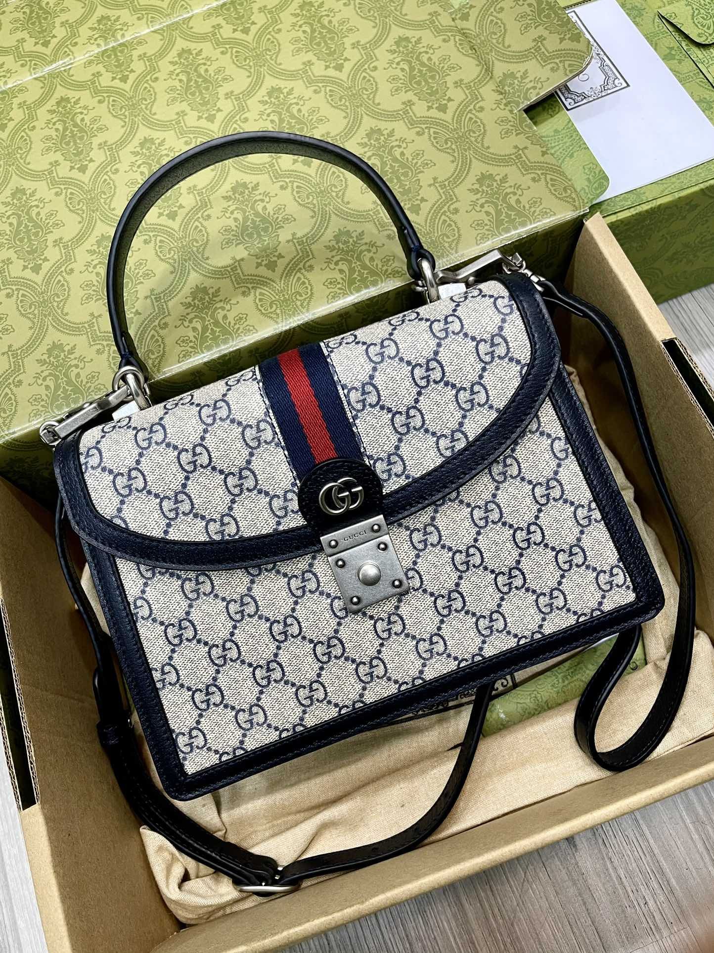 Gucci Ophidia Gg Small Top Handle Bag Beige And Blue Supreme