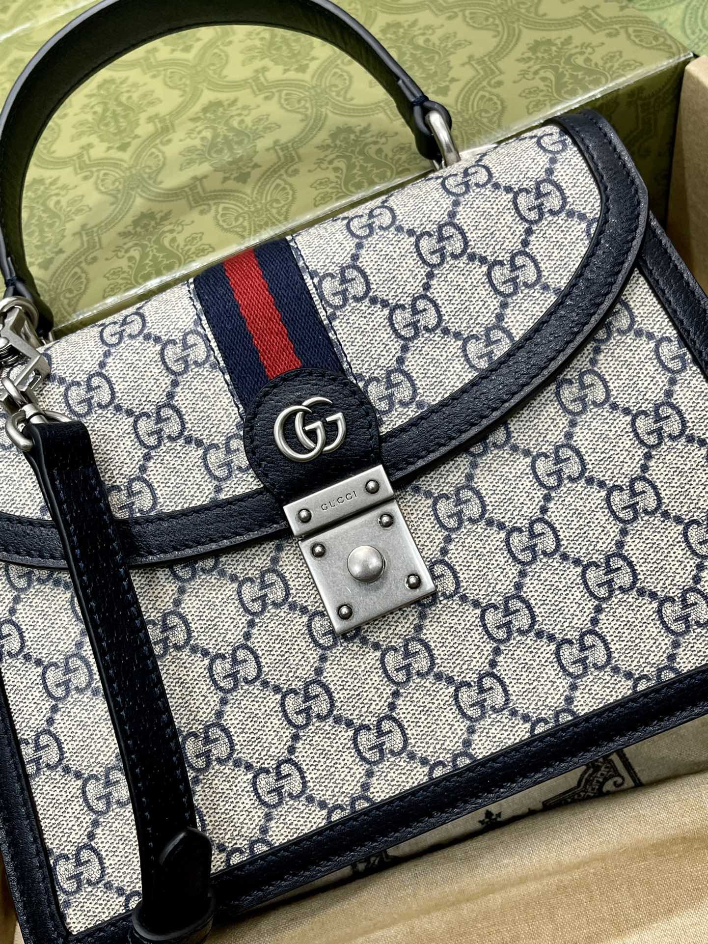 Gucci Ophidia Gg Small Top Handle Bag Beige And Blue Supreme