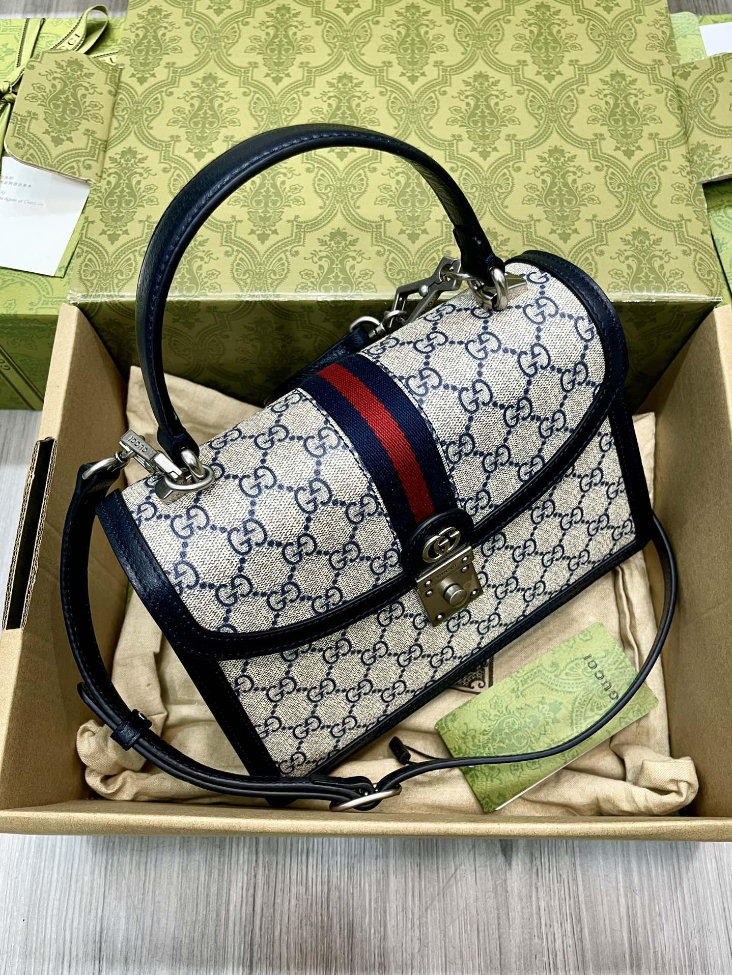 Gucci Ophidia Gg Small Top Handle Bag Beige And Blue Supreme