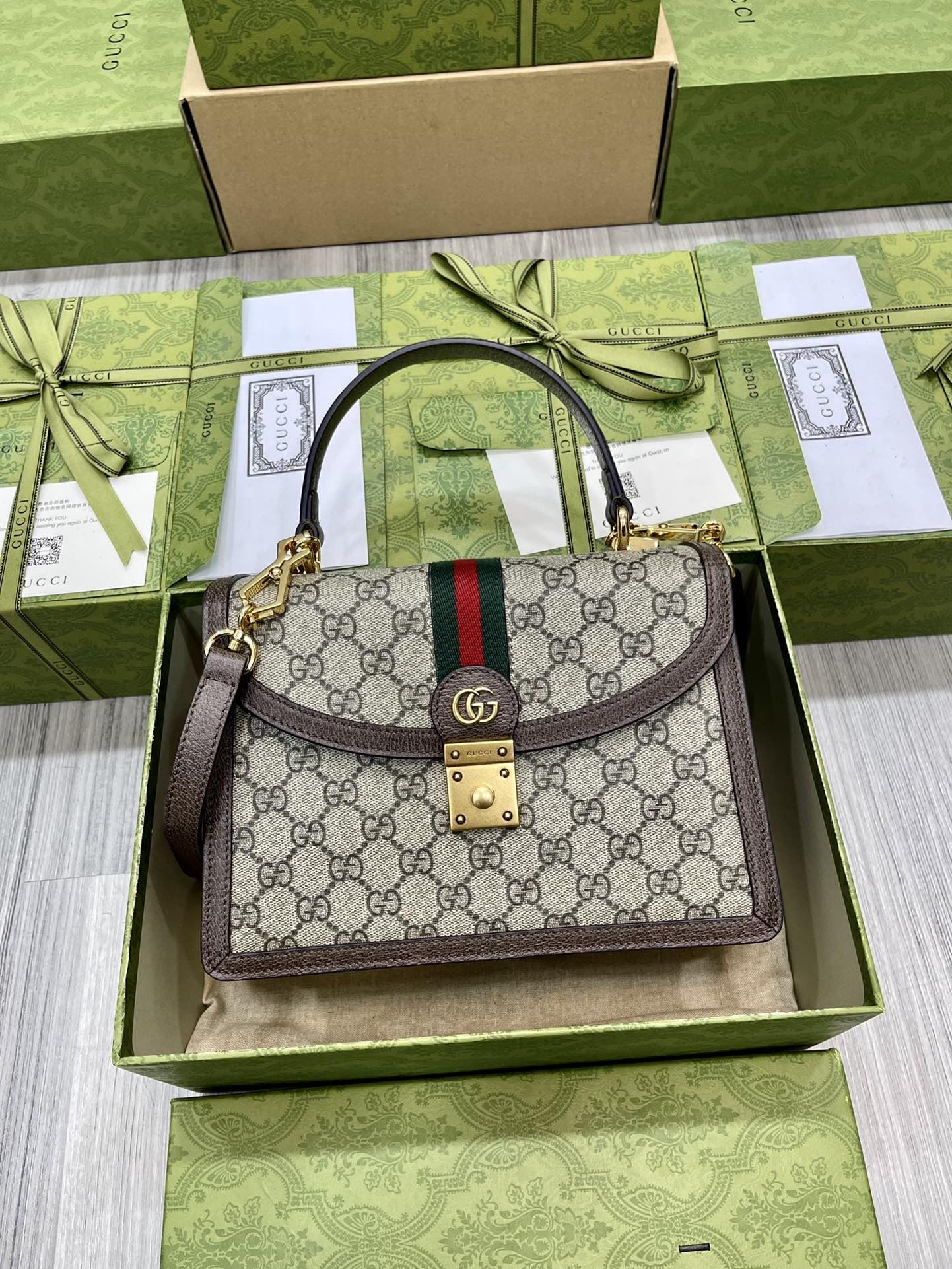 Gucci Ophidia Gg Small Top Handle Bag Beige And Ebony Gg Supreme