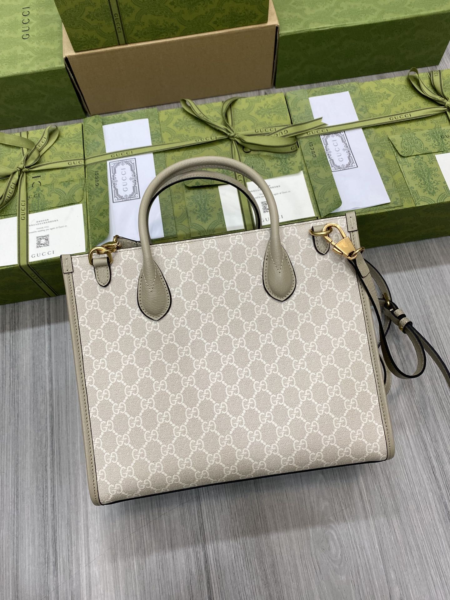 Gucci Small Tote Bag With Interlocking G Beige And White Gg Supreme