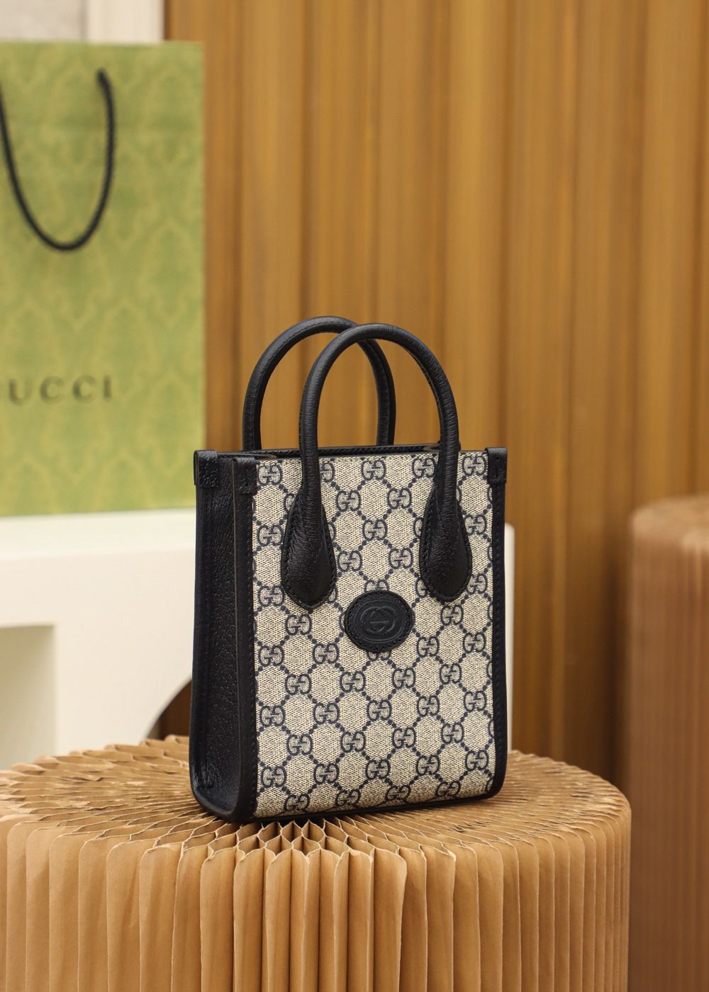 Gucci Mini Tote Bag With Interlocking G Beige And Blue Gg Supreme