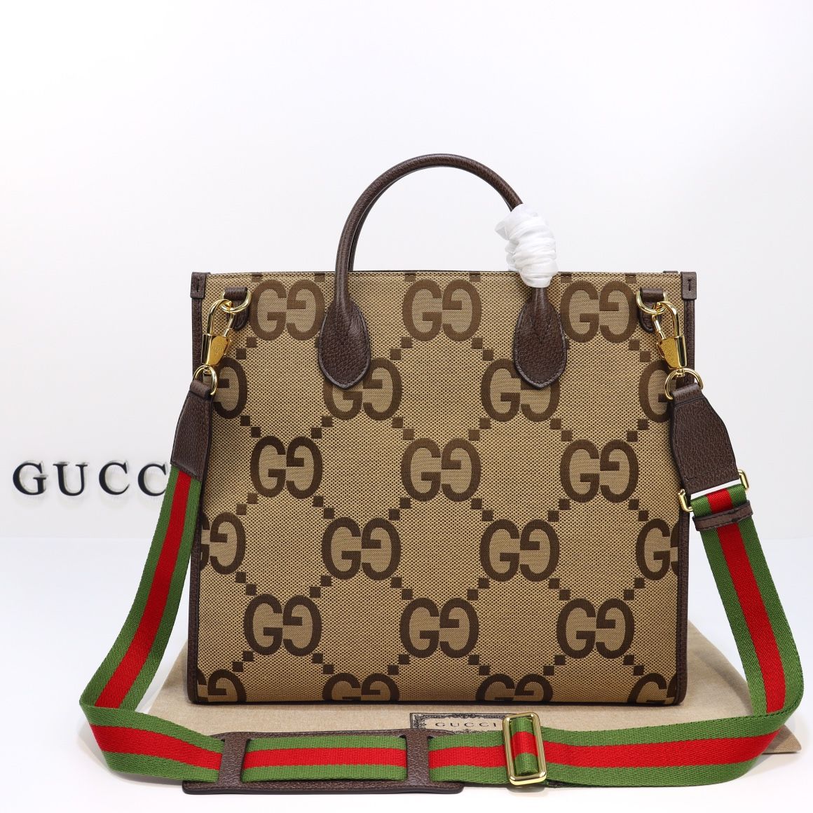 Gucci Jumbo Gg Tote Bag Camel And Ebony Gg Canvas