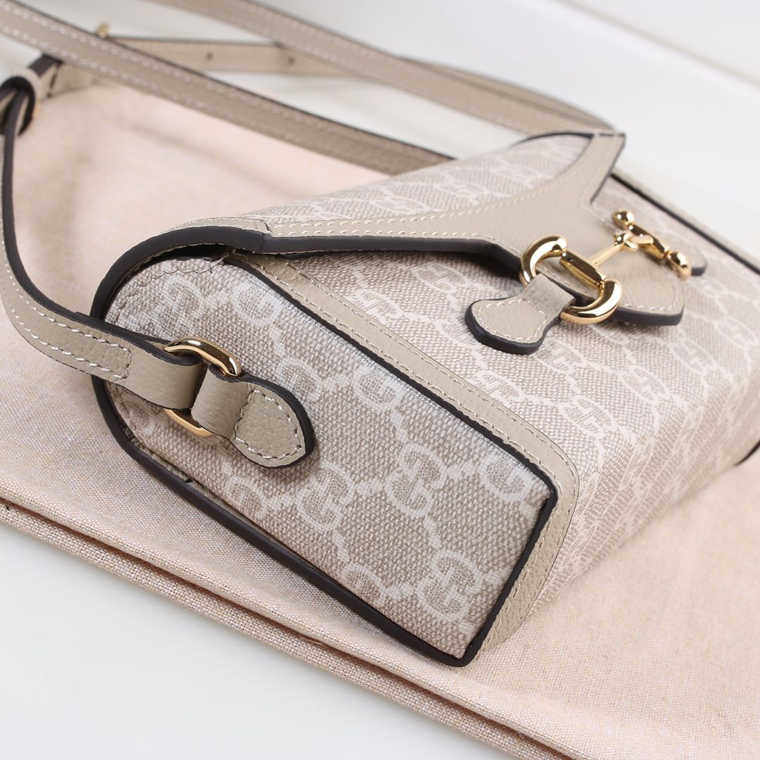 Gucci Horsebit 1955 Mini Bag Beige And White Gg Supreme