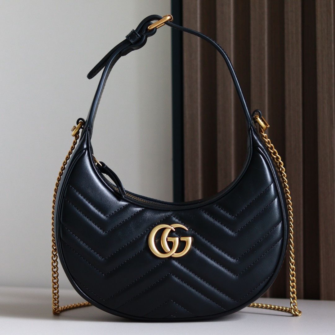 Gucci Gg Marmont Half-Moon-Shaped Mini Bag Black Leather