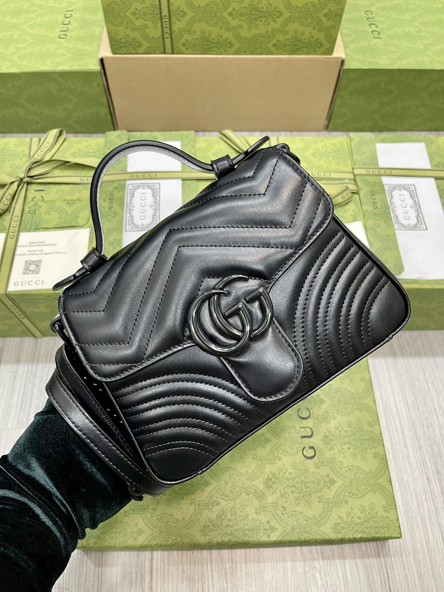 Gucci Gg Marmont Mini Top Handle Bag Black Leather