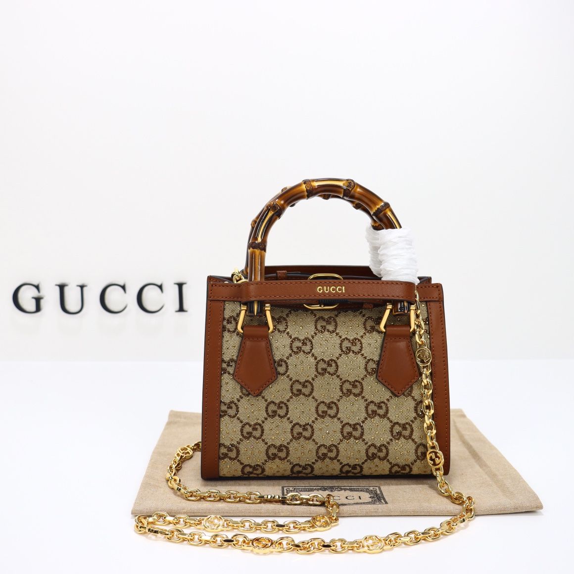 Gucci Diana Mini Tote Bag Camel And Ebony Canvas