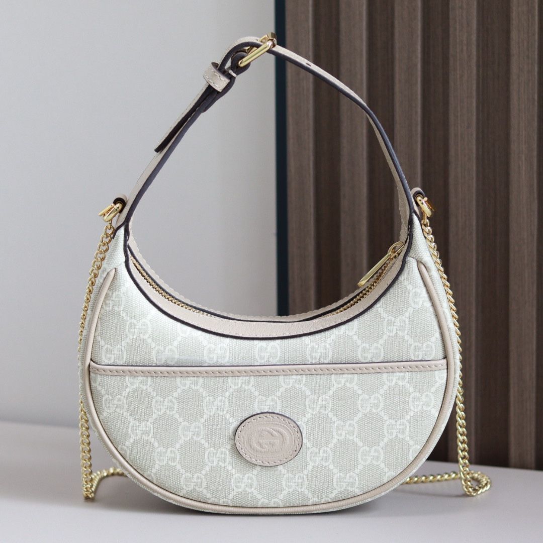 Gucci Gg Half-Moon-Shaped Mini Bag Beige And White Supreme