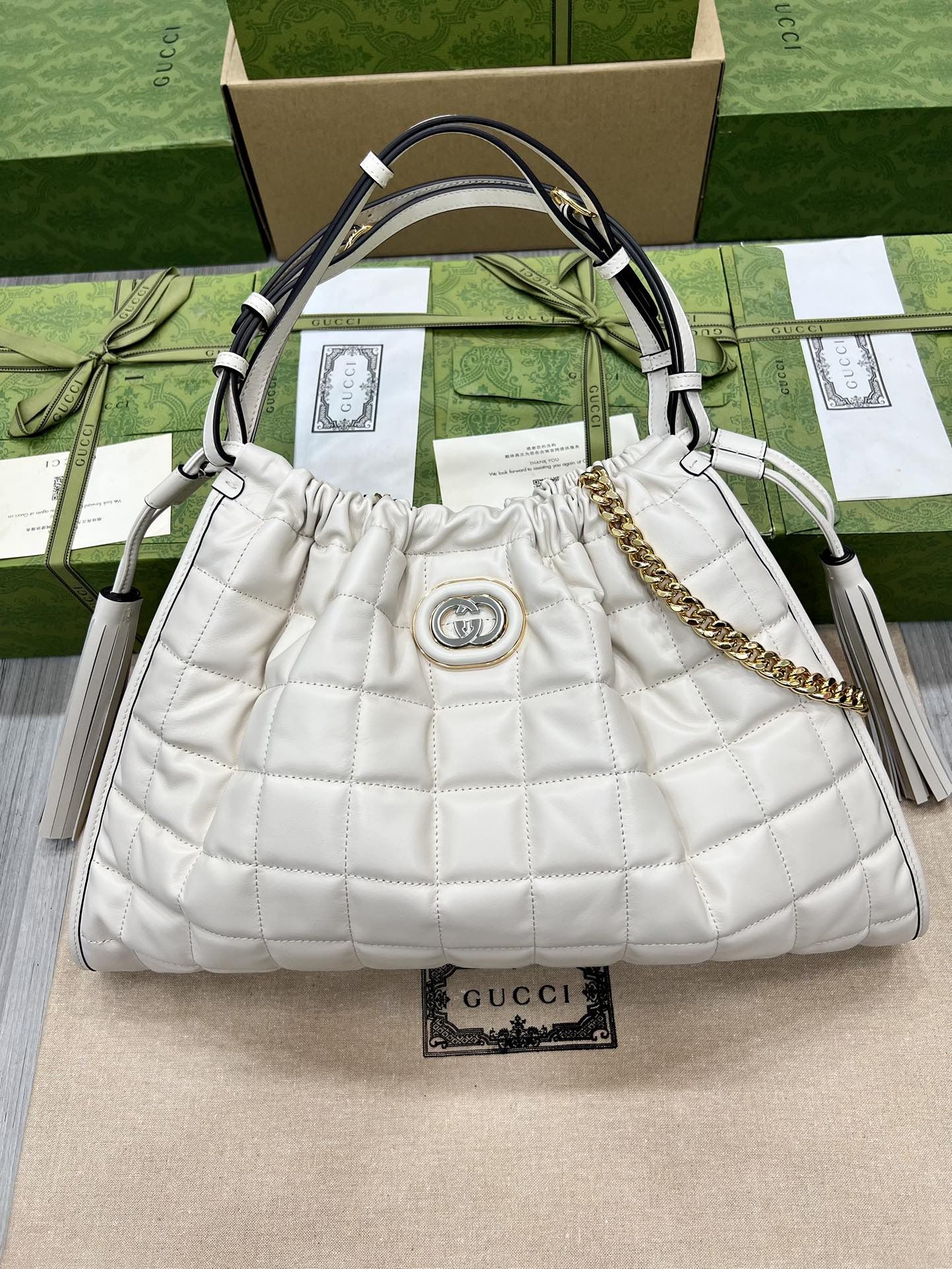 Gucci Deco Medium Tote Bag White Leather