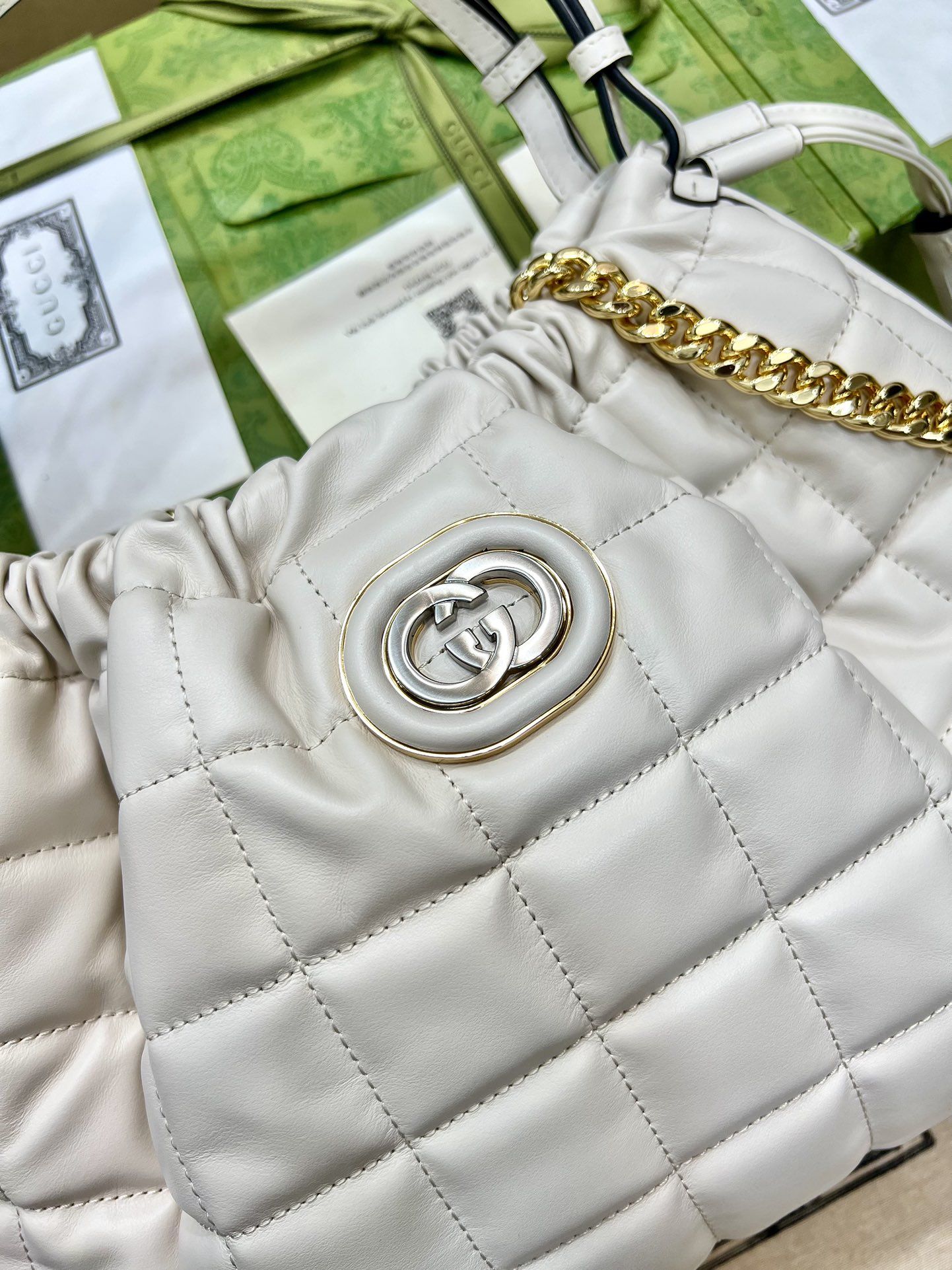 Gucci Deco Medium Tote Bag White Leather