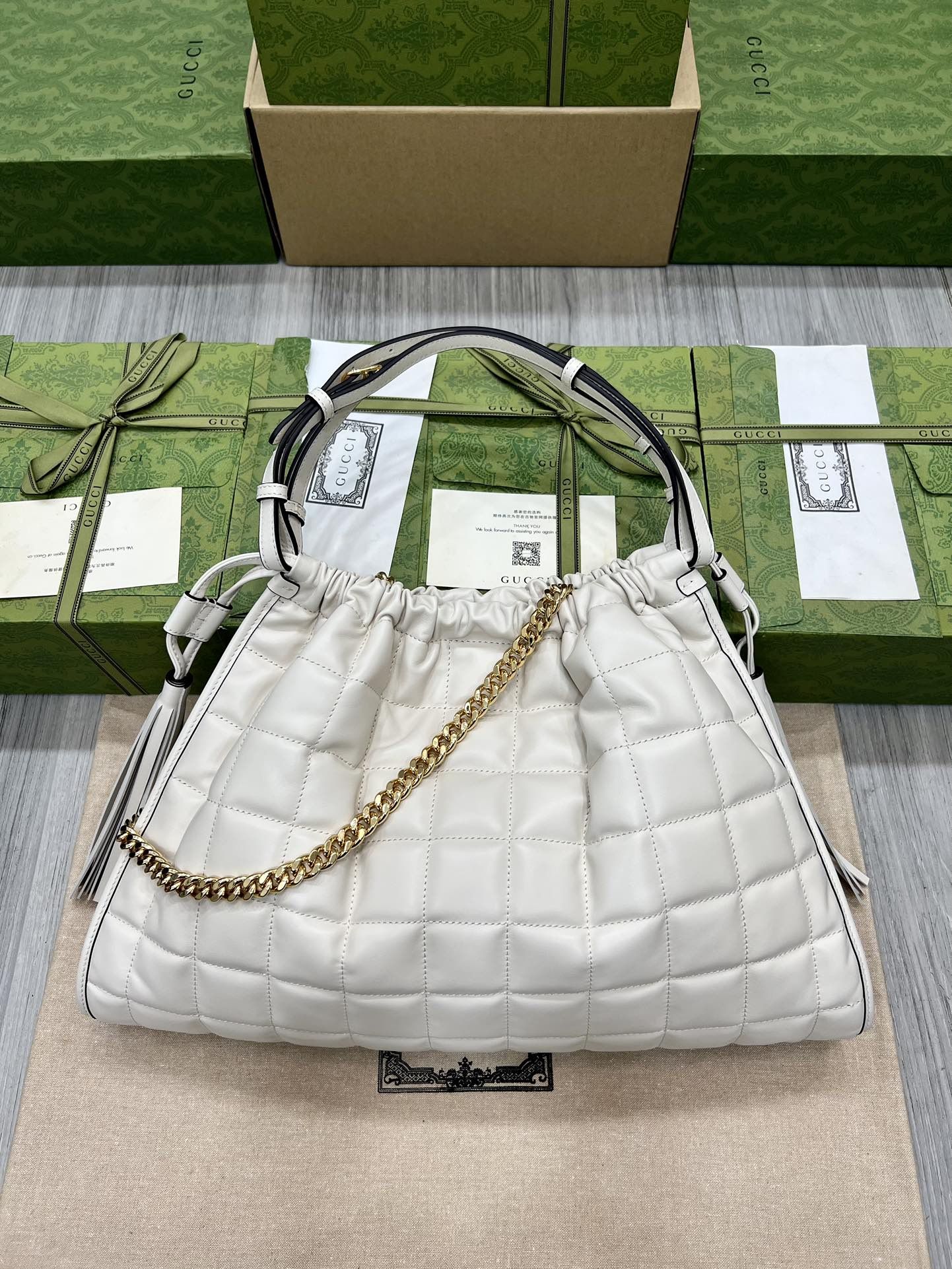 Gucci Deco Medium Tote Bag White Leather