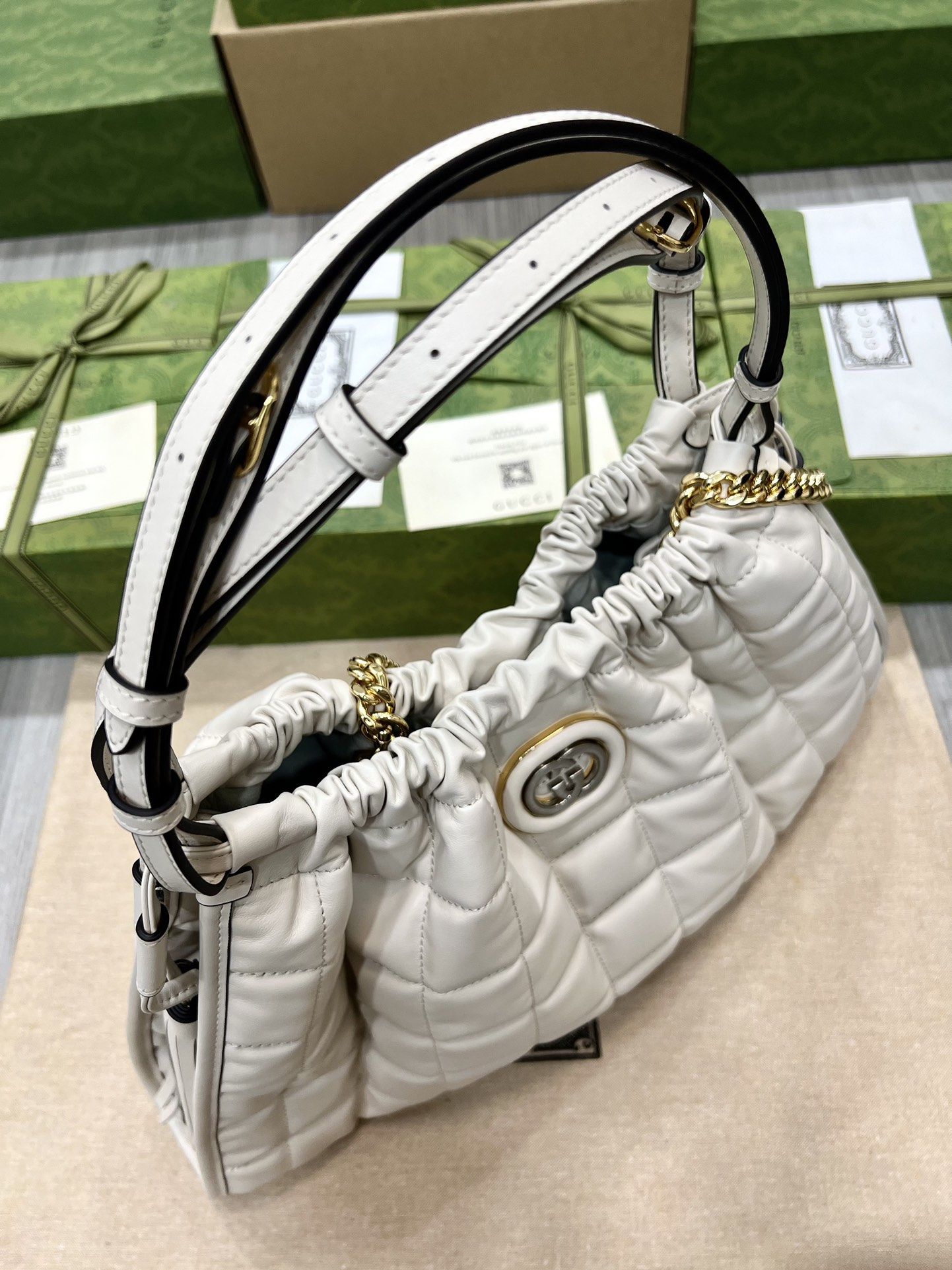 Gucci Deco Medium Tote Bag White Leather