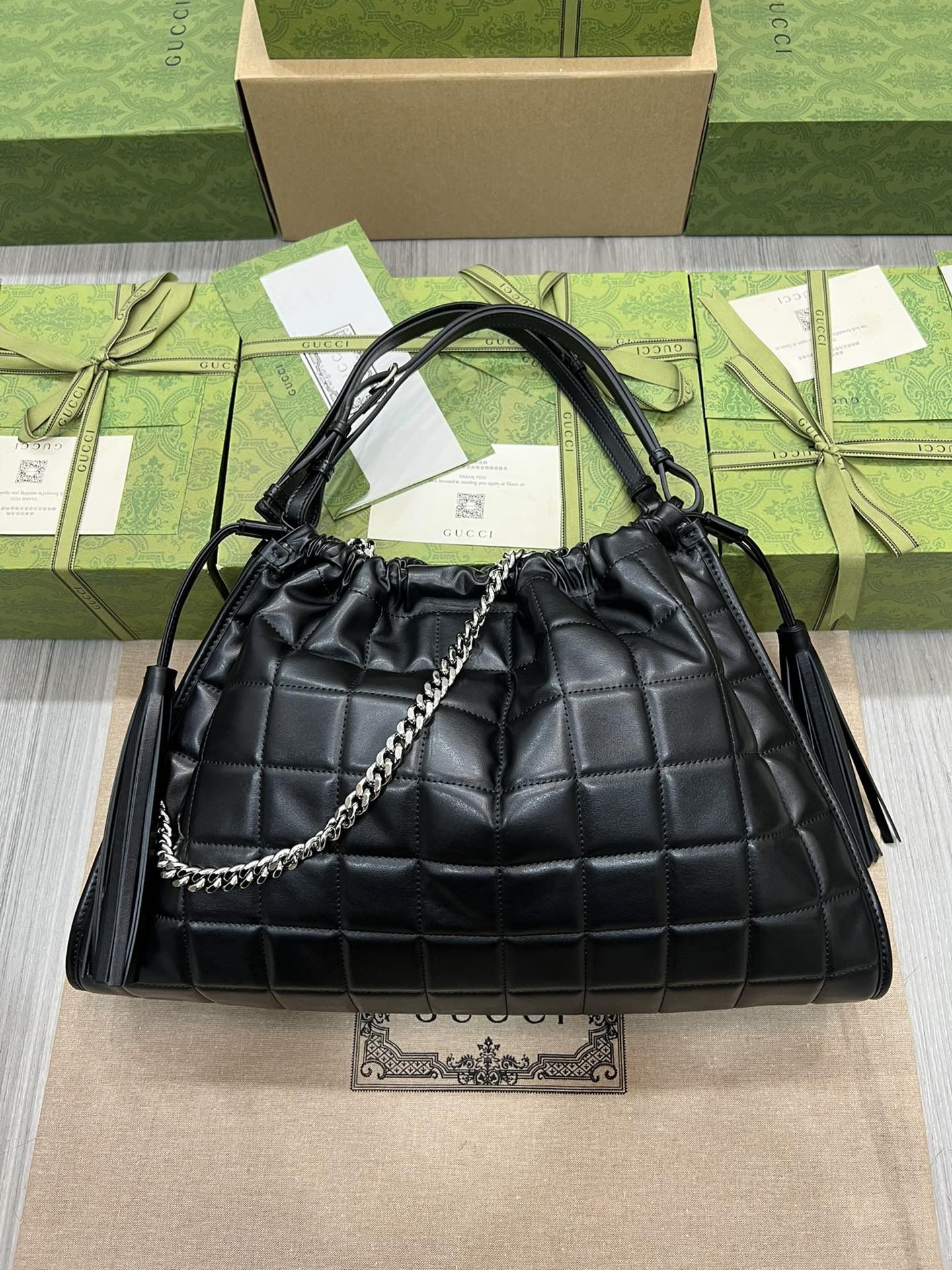 Gucci Deco Medium Tote Bag Black Leather