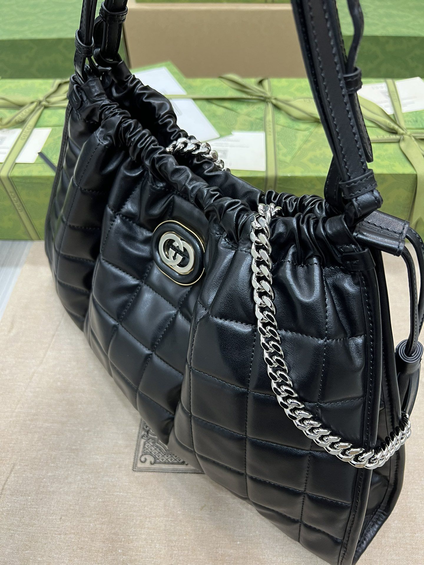 Gucci Deco Medium Tote Bag Black Leather