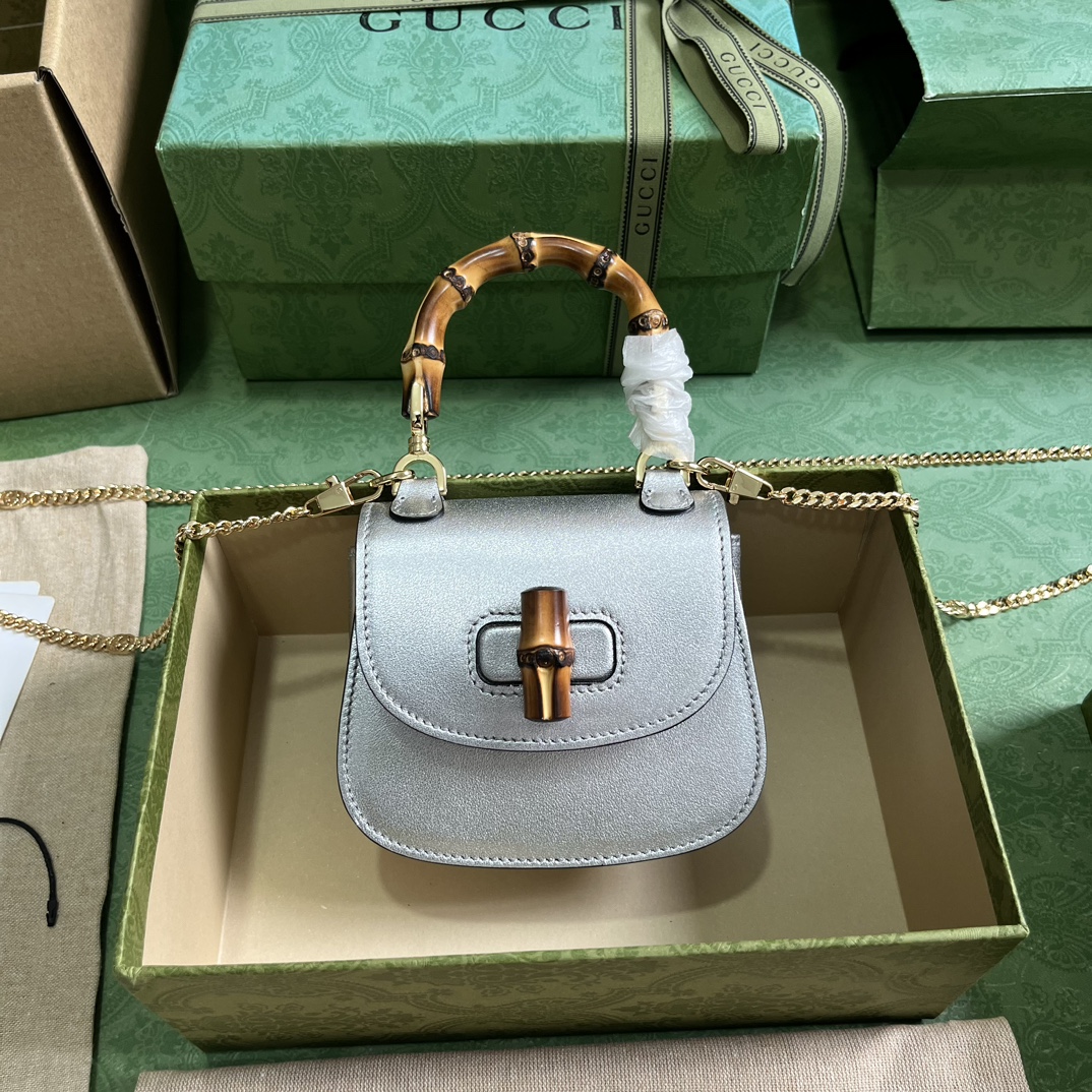 Gucci Bamboo 1947 Super Mini Bag Metallic Silver Leather