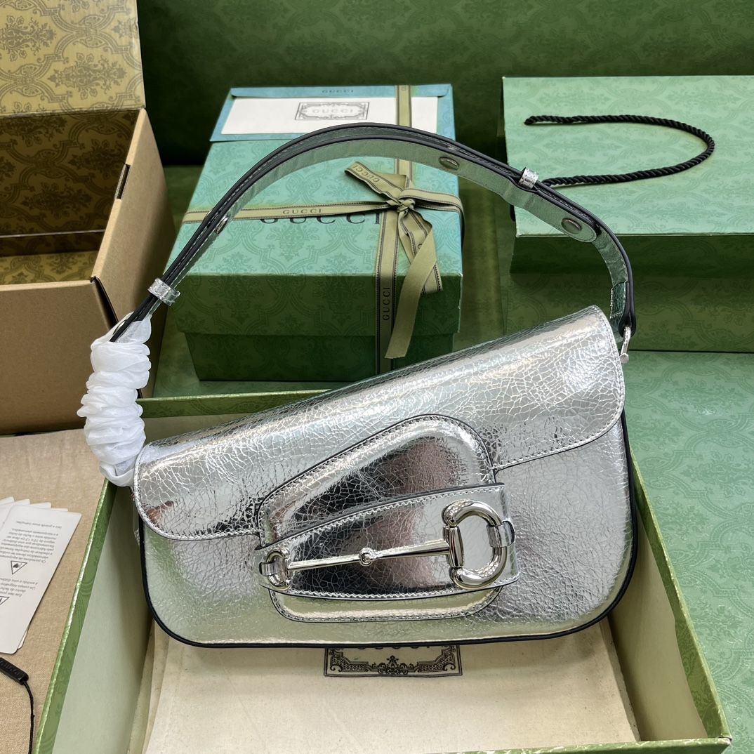 Gucci Horsebit 1955 Small Shoulder Bag Metallic Silver Leather