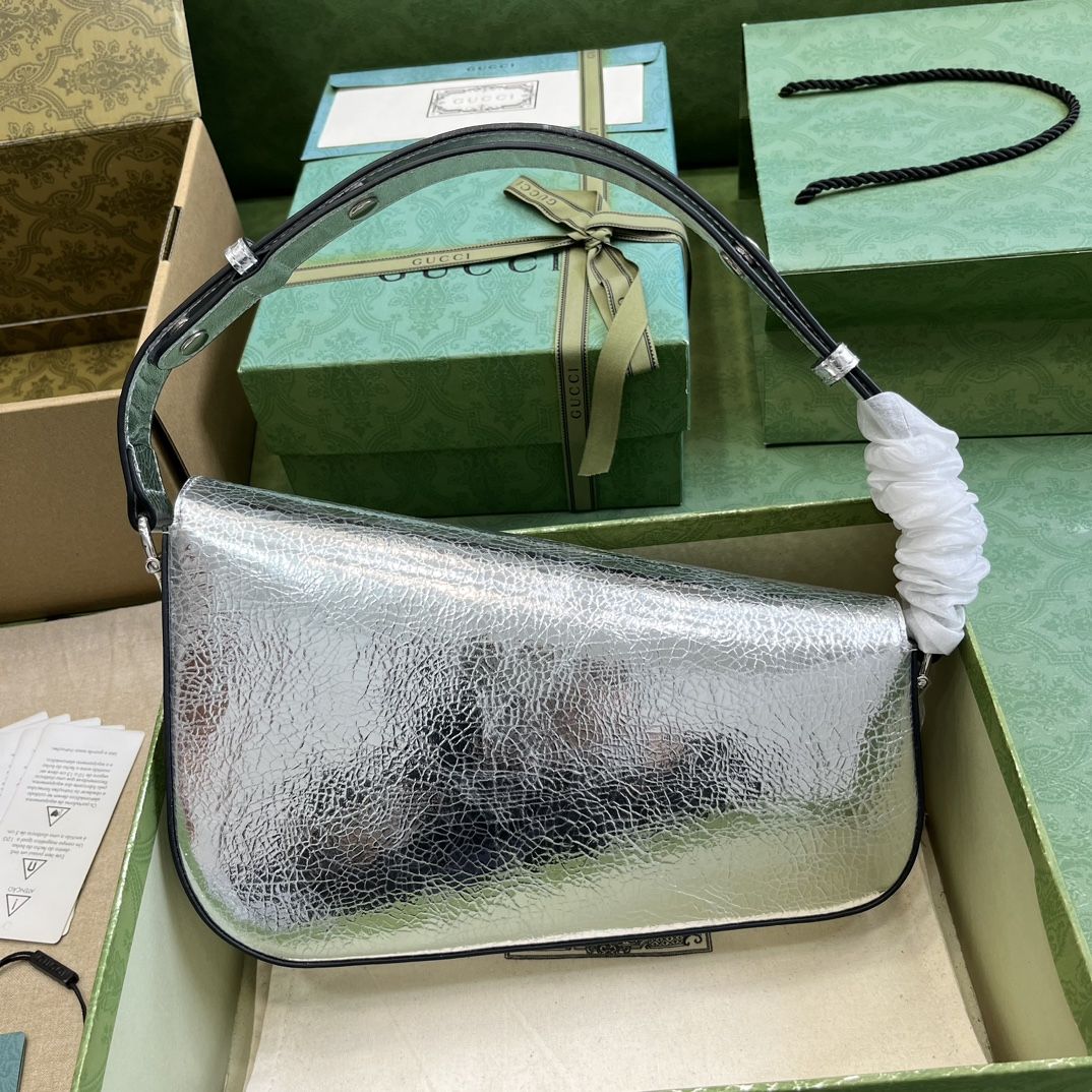 Gucci Horsebit 1955 Small Shoulder Bag Metallic Silver Leather