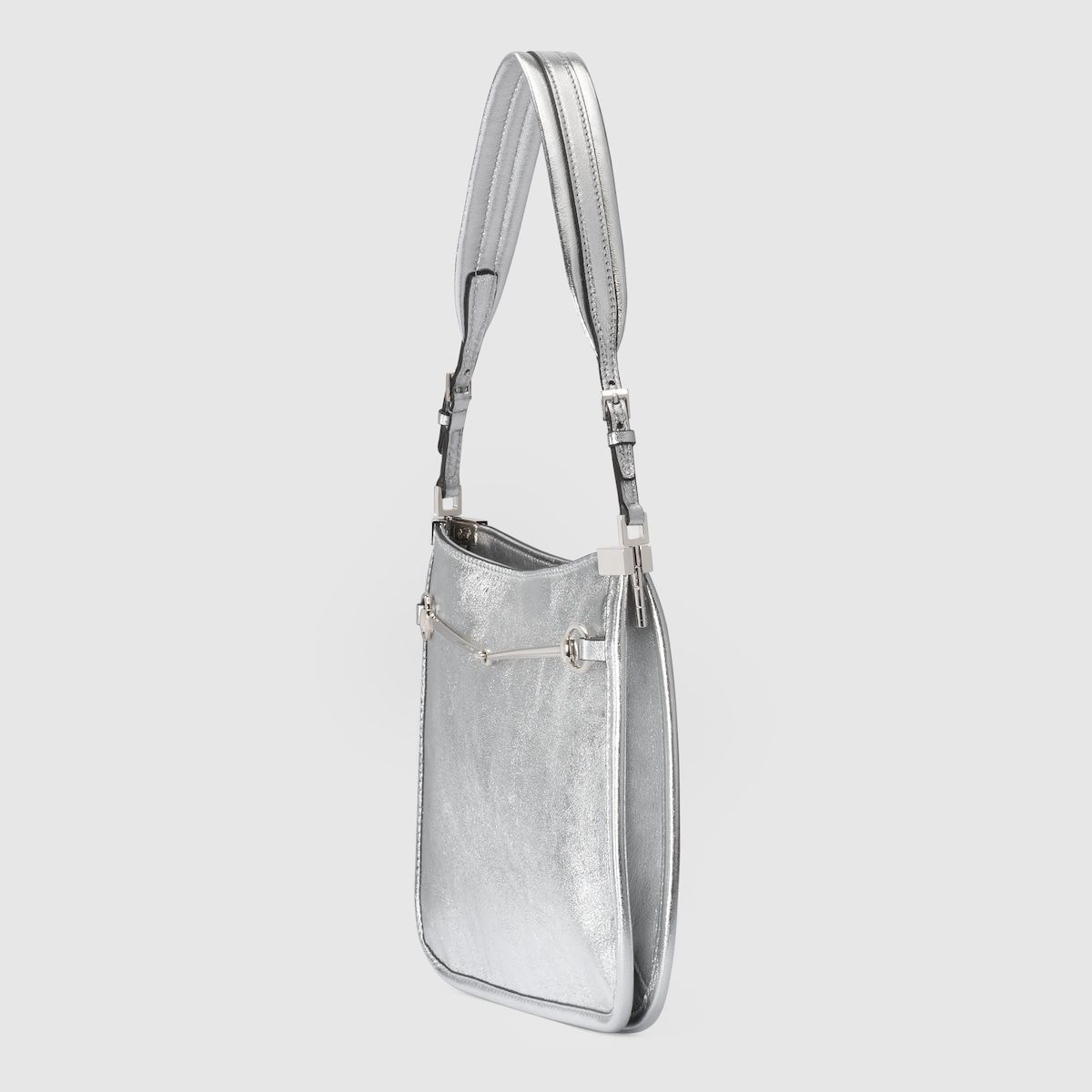 Gucci Horsebit Slim Small Shoulder Bag Metallic Silver Leather