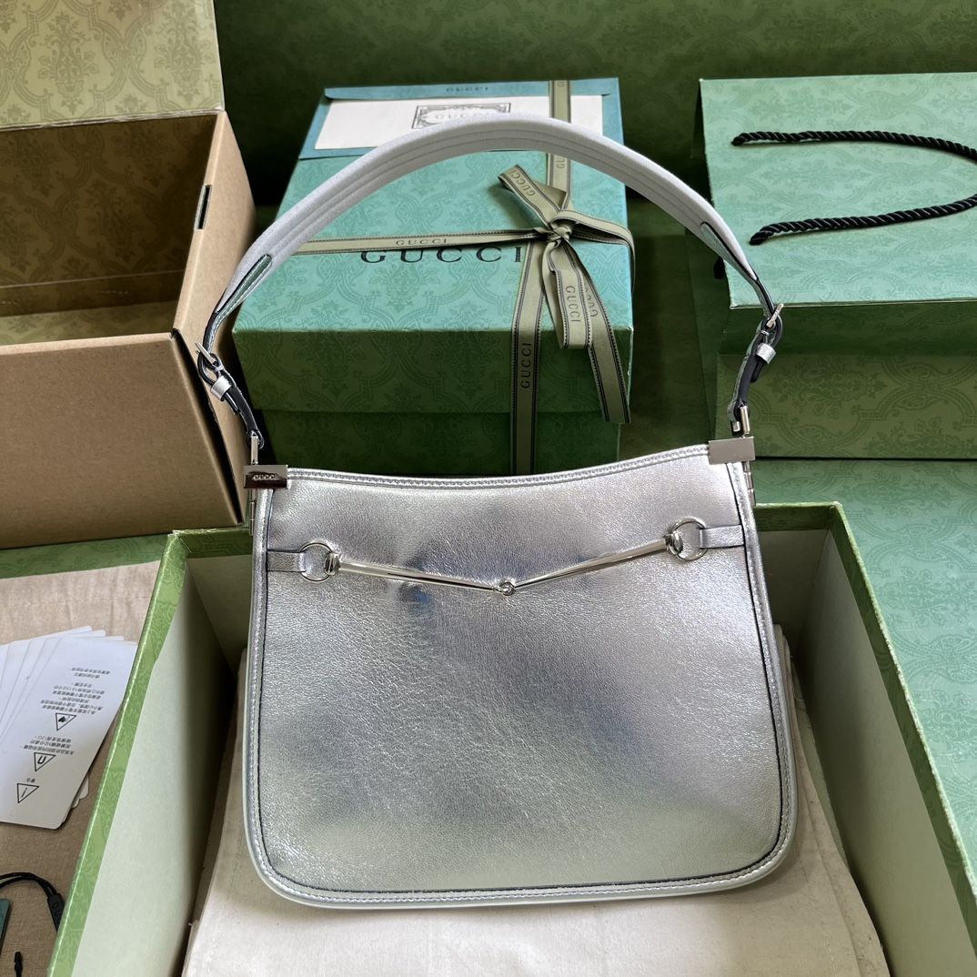 Gucci Horsebit Slim Small Shoulder Bag Metallic Silver Leather