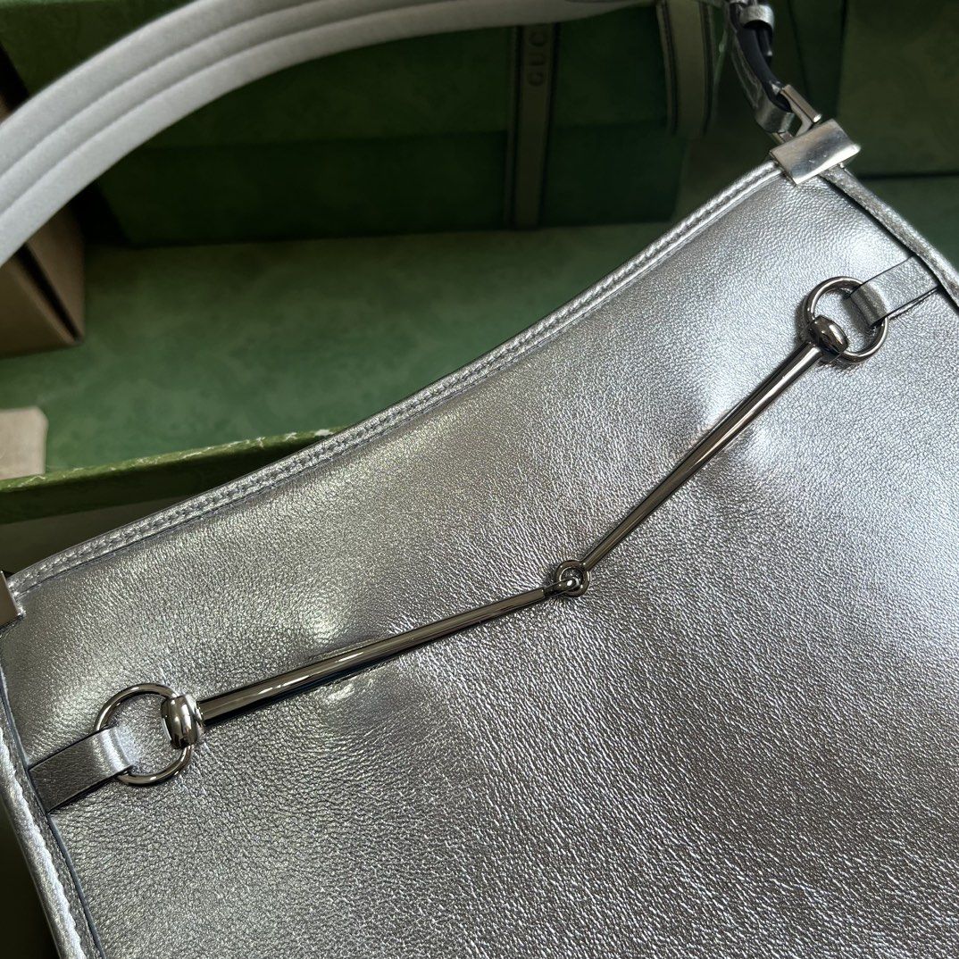 Gucci Horsebit Slim Small Shoulder Bag Metallic Silver Leather