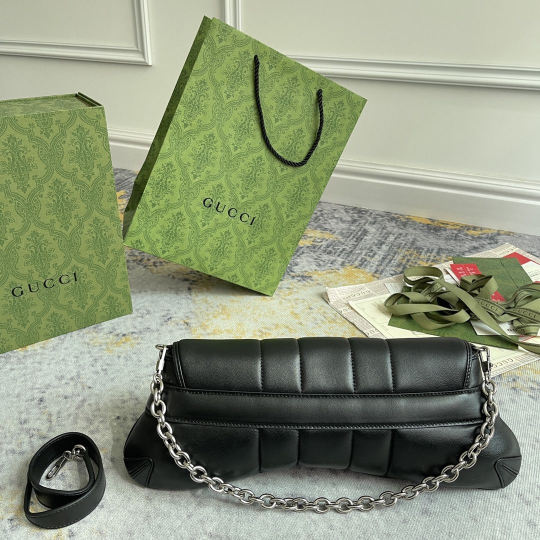 Gucci Horsebit Chain Medium Shoulder Bag Black Leather