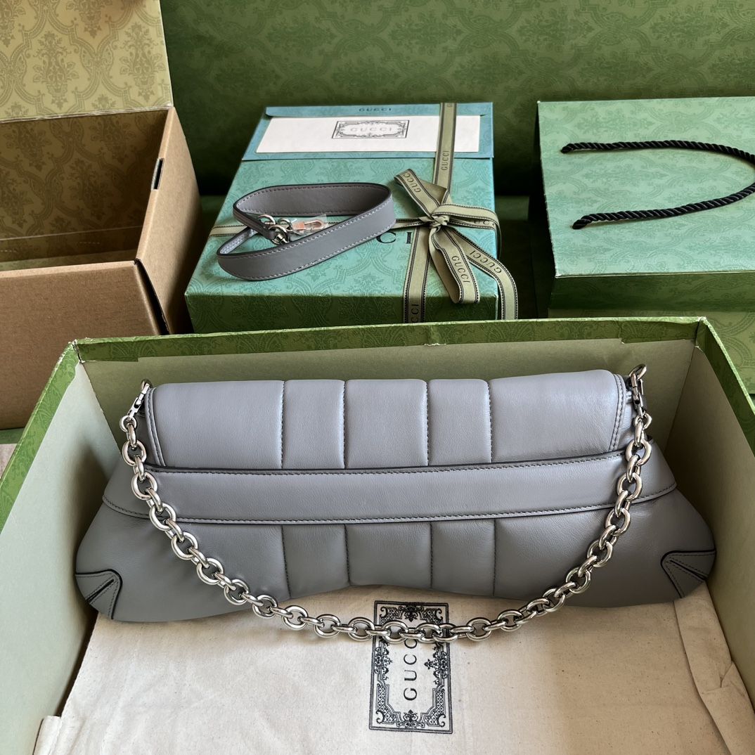 Gucci Horsebit Chain Medium Shoulder Bag Grey Leather