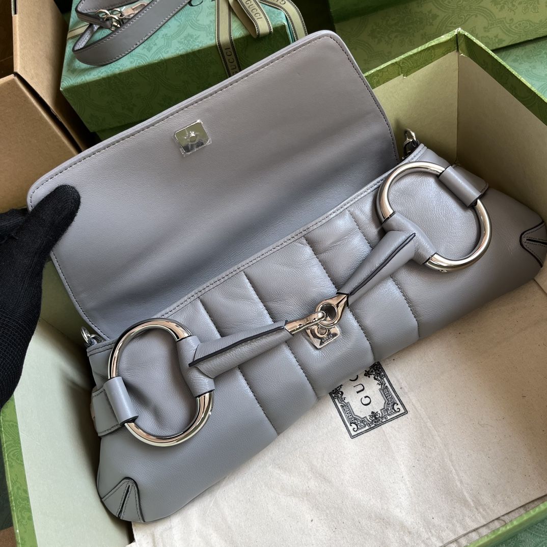 Gucci Horsebit Chain Medium Shoulder Bag Grey Leather