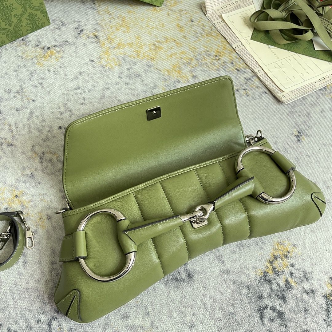 Gucci Horsebit Chain Medium Shoulder Bag Green Leather