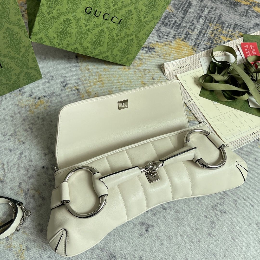 Gucci Horsebit Chain Medium Shoulder Bag White Leather