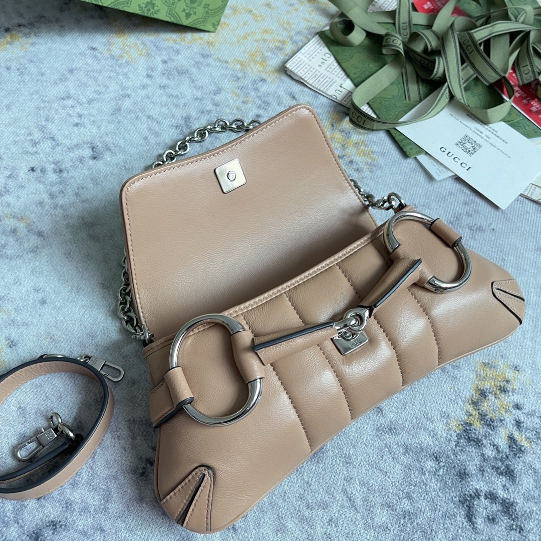 Gucci Horsebit Chain Small Shoulder Bag Rose Beige Leather