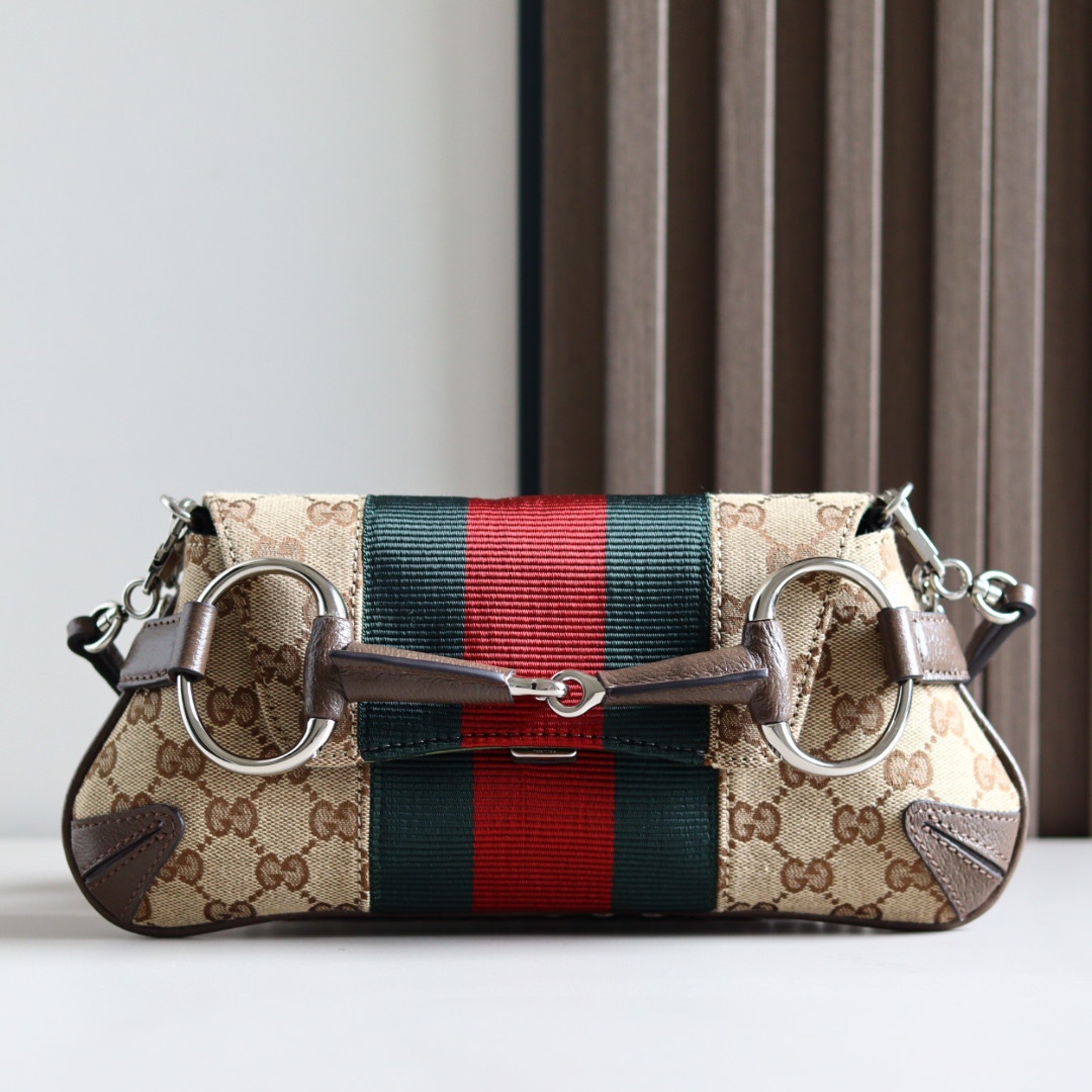 Gucci Horsebit Chain Small Shoulder Bag Beige And Ebony Gg Canvas