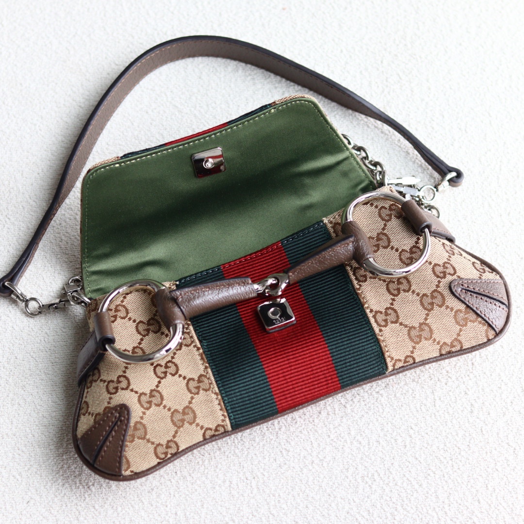 Gucci Horsebit Chain Small Shoulder Bag Beige And Ebony Gg Canvas