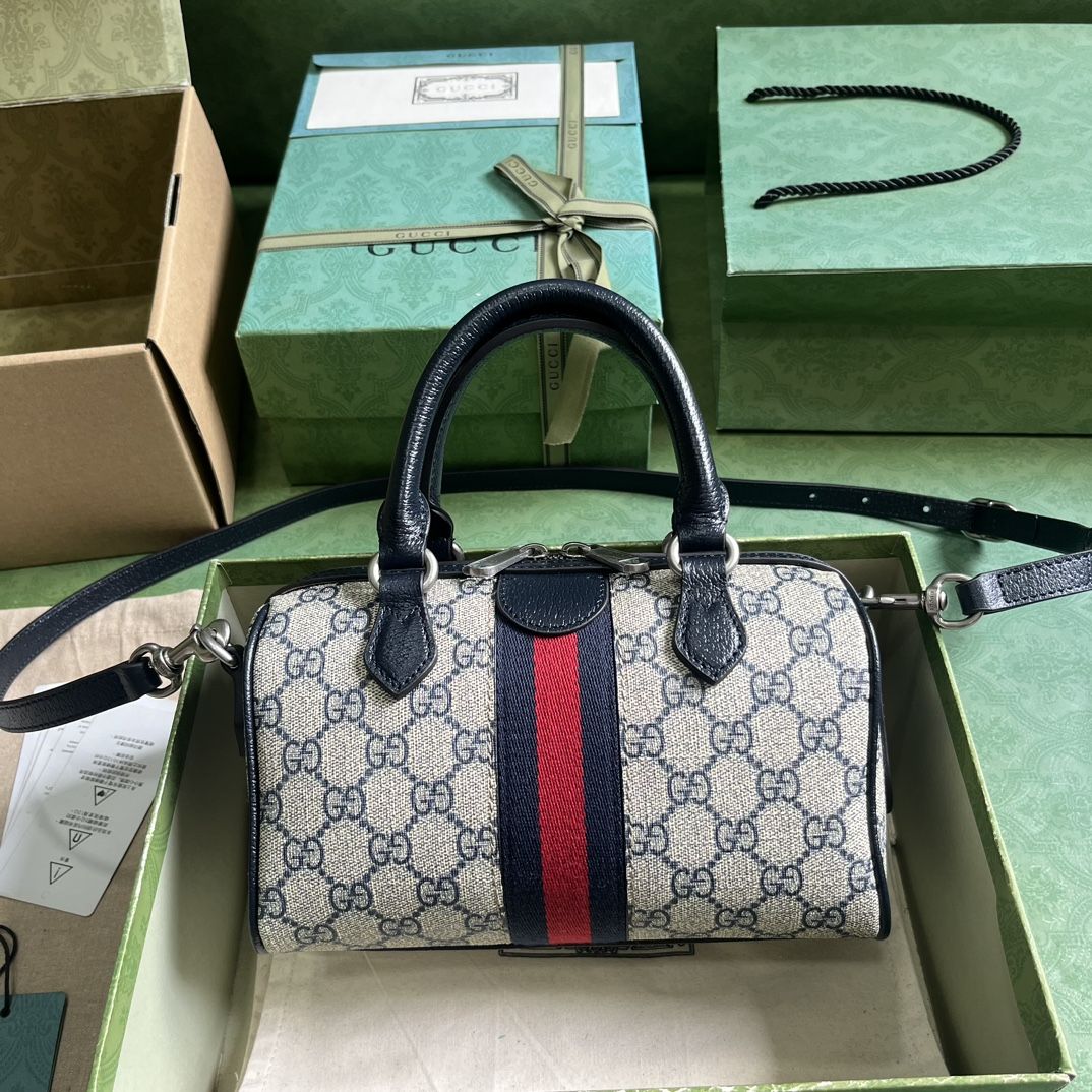 Gucci Ophidia Gg Mini Top Handle Bag Beige And Blue Canvas