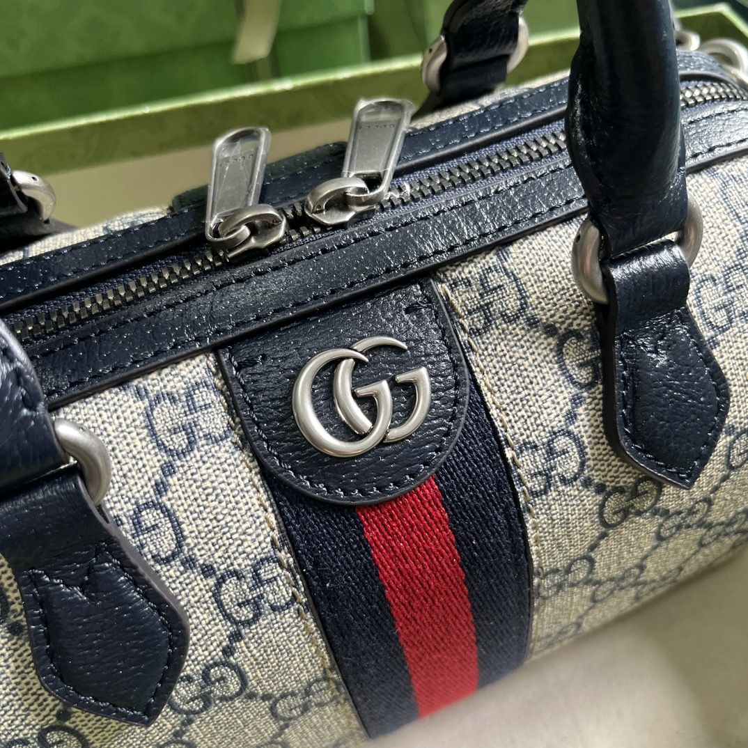 Gucci Ophidia Gg Mini Top Handle Bag Beige And Blue Canvas