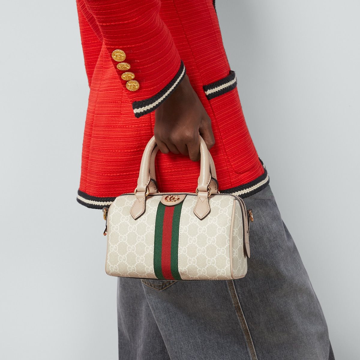 Gucci Ophidia Gg Mini Top Handle Bag Beige And White Canvas