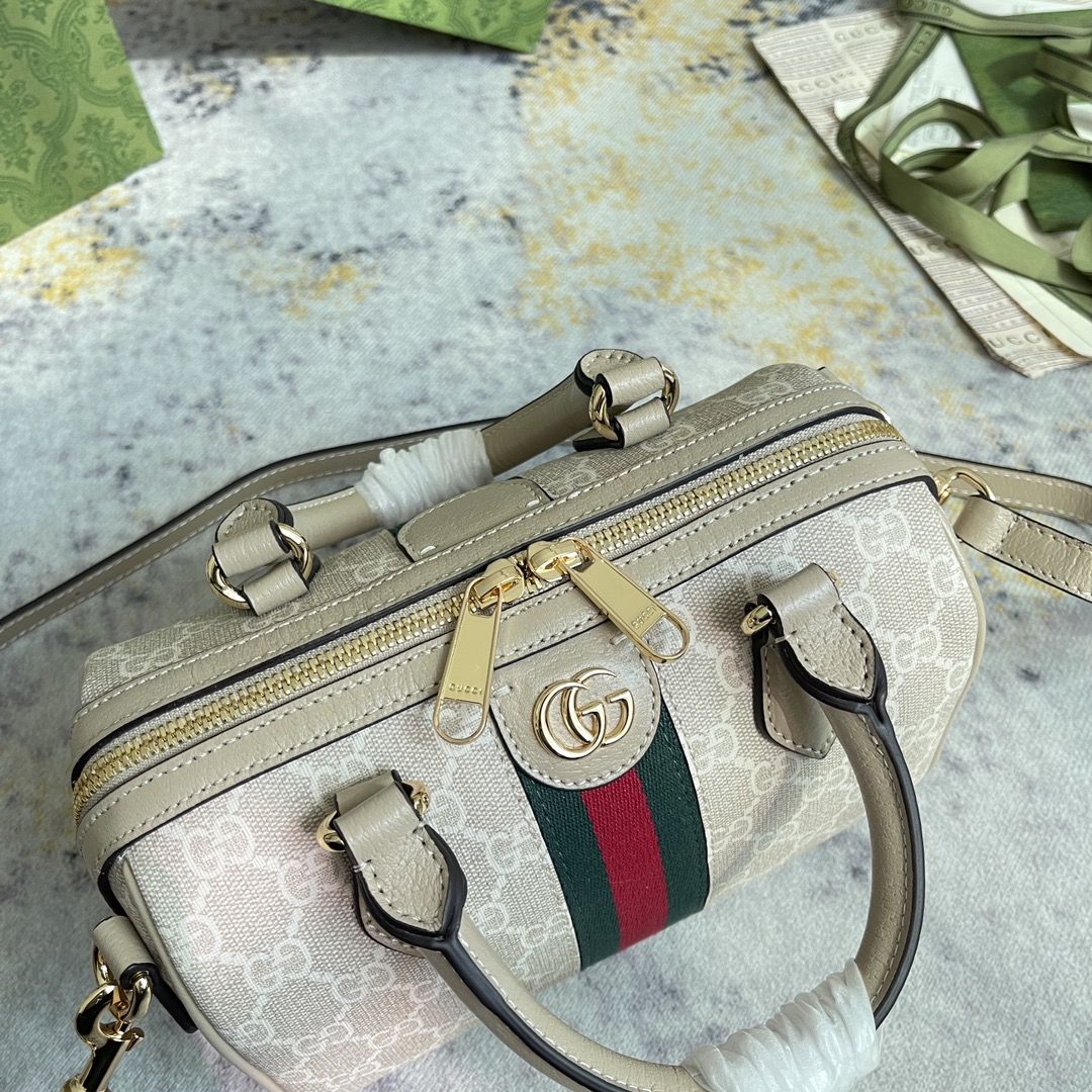 Gucci Ophidia Gg Mini Top Handle Bag Beige And White Canvas