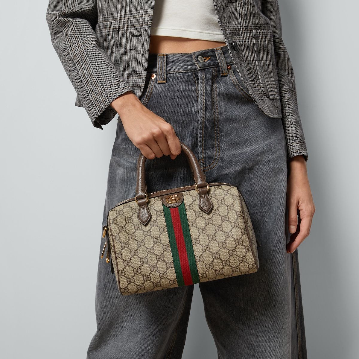 Gucci Ophidia Gg Small Top Handle Bag Beige And Ebony Canvas