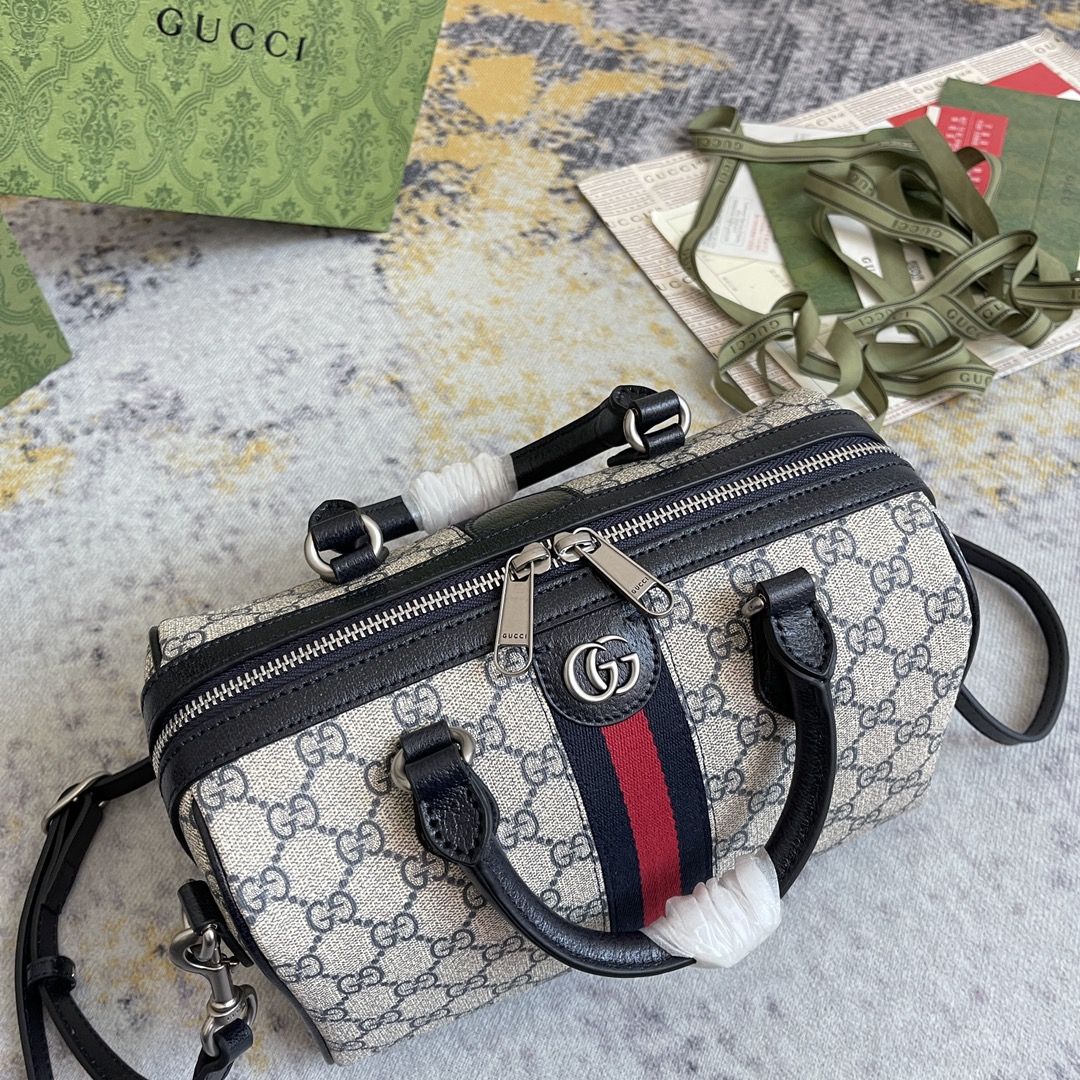 Gucci Ophidia Gg Small Top Handle Bag Beige And Blue Canvas